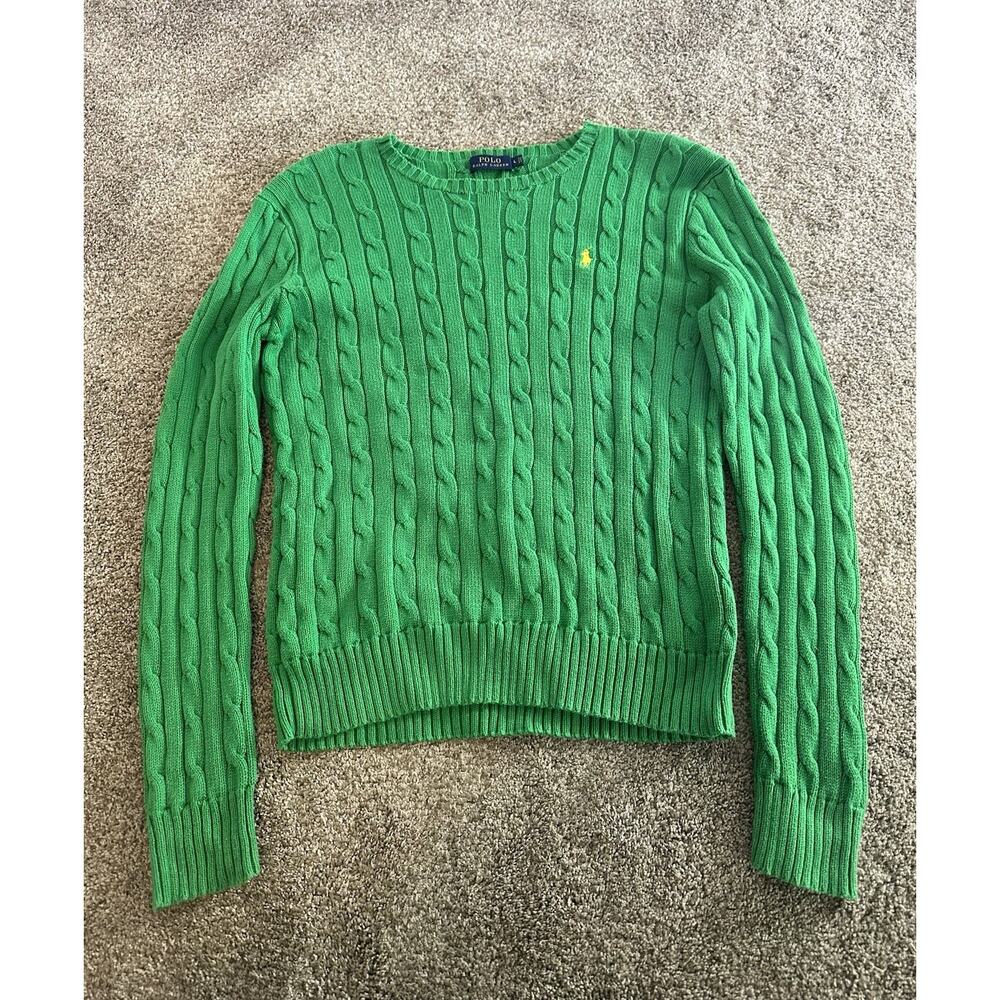 Ralph Lauren woman’s Green Cable-Knit Pullover Sweater Crew Neck Logo Size L